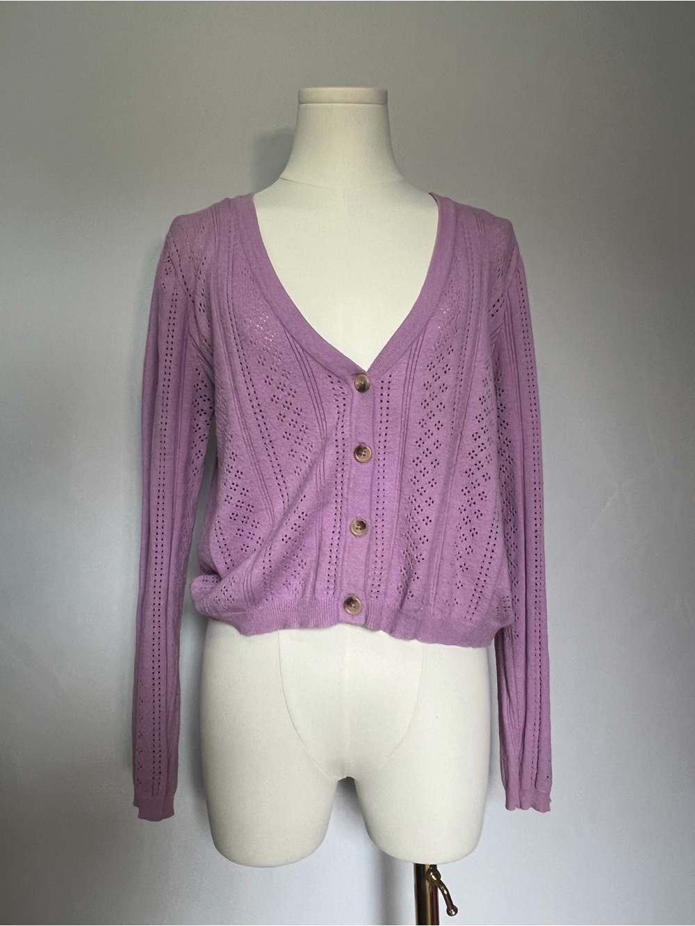 Tilly's Lavender Open-Knit V-Neck Button Cardigan